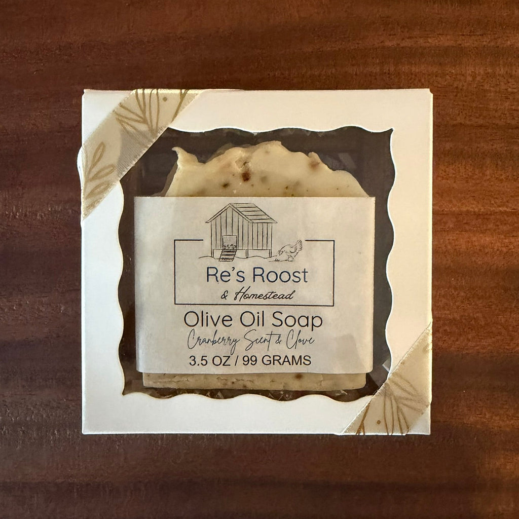 Set with Olive oil soap and soap rest in a box with clear front